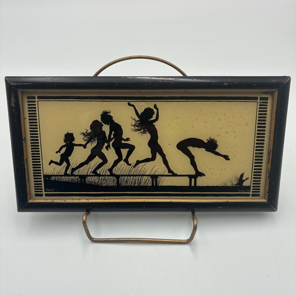 Vintage Fidus 94 Silhouette Reverse Glass Painting Children Diving Art Nouveau